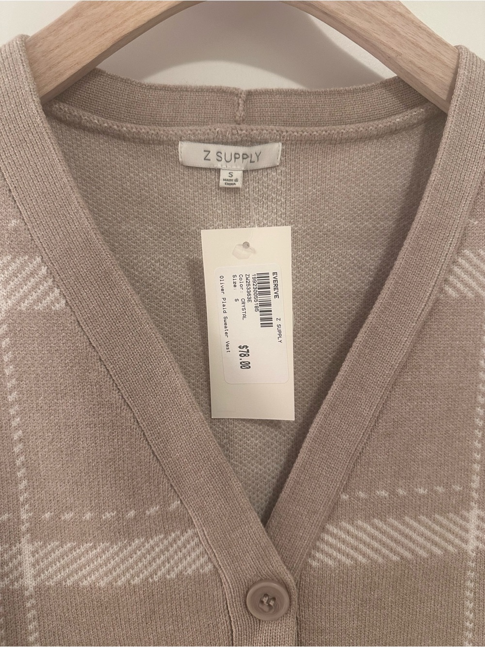 Z Supply Plaid Taupe & Cream Button-Front Knit Vest - Picture 3 of 5